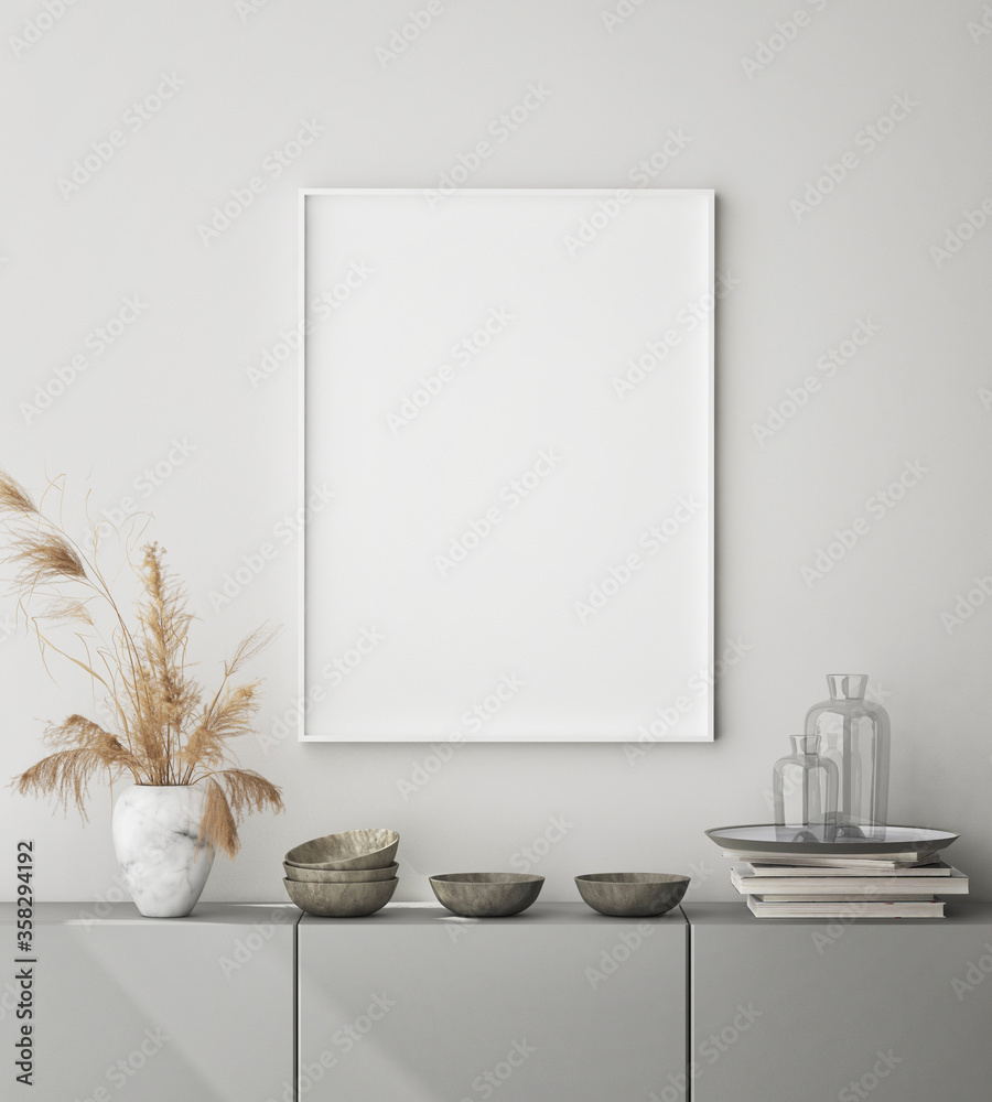 Fototapeta mock up poster frame in modern interior background, close up, living room, Scandinavian style, 3D render, 3D illustration