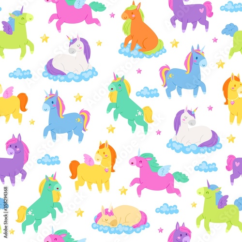 Cute unicorns, seamless patern, fantasy magic world, nice fairy animals, textile industry, cartoon style vector illustration. Printing on fabric, designer children s background, decorative art.