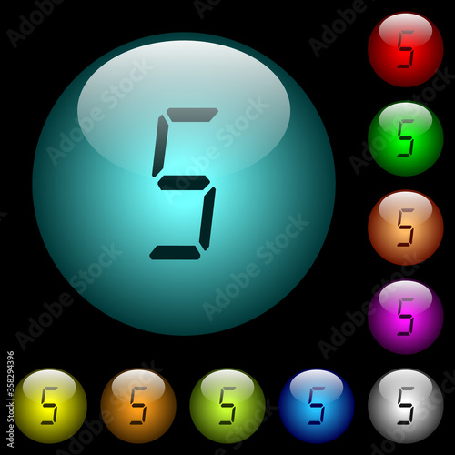 digital number five of seven segment type icons in color illuminated glass buttons photo