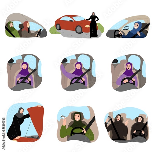 Set of Muslim Arab women wearing traditional ethnic clothing hijab driving a car. Vector illustration in the flat cartoon style.