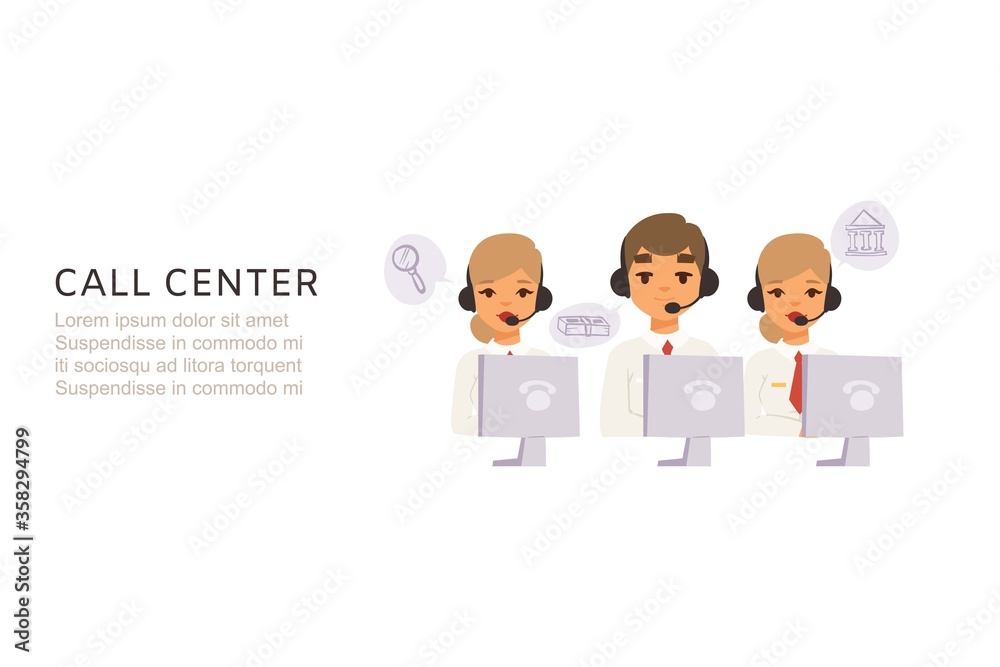 Call center operator, vector illustration. Communication work with customer in headphone business office, support service. Job at computer, woman man employee people manager character. Call center operator, vector illustration. Communication work with customer in headphone business office, support service. Job at computer, woman man employee people manager character.