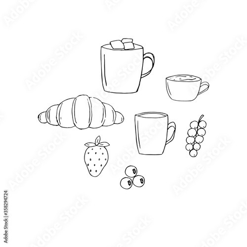 Breakfast set, vector illustration, croissant, berries, hot drinks