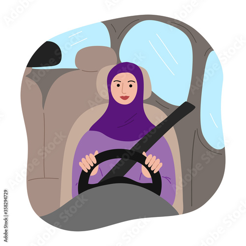 Muslim Arab woman in traditional purple hijab with a safety belt driving a car. Vector illustration in flat cartoon style.