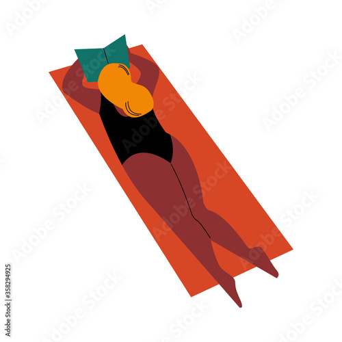 A blond-haired plump woman in black swimsuit lying on a beach with a book. Vector illustration in flat cartoon style