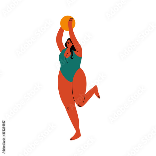 A black-haired plump woman in swimsuit playing on a beach with a ball. Vector illustration in flat cartoon style