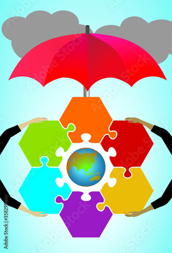 Earth globe with puzzle pieces surronding, hands hold them togheter and umbrella protects agains dark clouds. The image could be found with other contries in front of globe. Vector illustration. photo