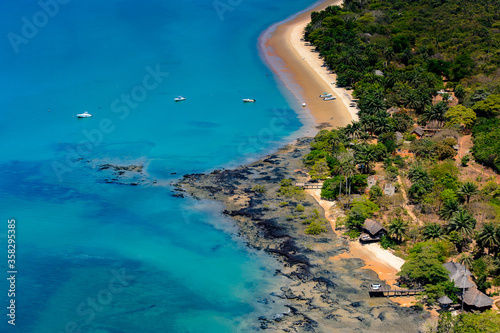 Aerial view of the beatiful blue ocean water and green trees, Bissagos Archipelago (Bijagos), Guinea Bissau. UNESCO Biosphere Reserve