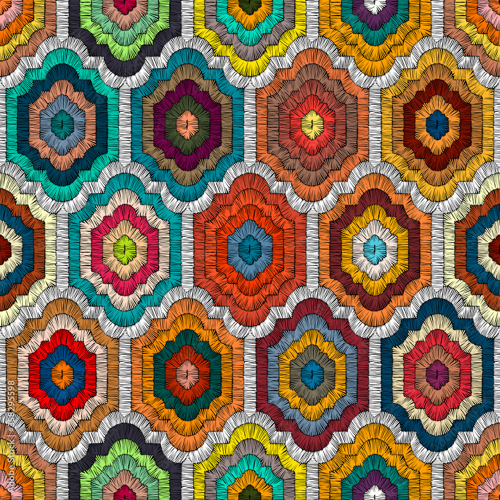 Seamless embroidered pattern in bohemian style. Geometric print patchwork for textiles. Handwork. Ethnic and tribal motifs. Vector illustration. Seamless embroidered pattern in bohemian style. Geometric print patchwork for textiles. Handwork. Ethnic and tribal motifs. Vector illustration.