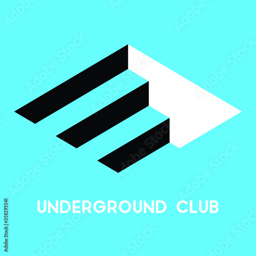 Logo Design Architectural Stairs Underground Club. Logo template of the stairs’ steps in a way down in Line Art style. Perfect for architecture or interior company, contractor, underground place