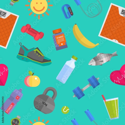 Fitness, gym, cardio, healthy diet and lifestyle eamless pattern with weight scales, sport wear and food vector illustration. Fitness and healthy diet background.