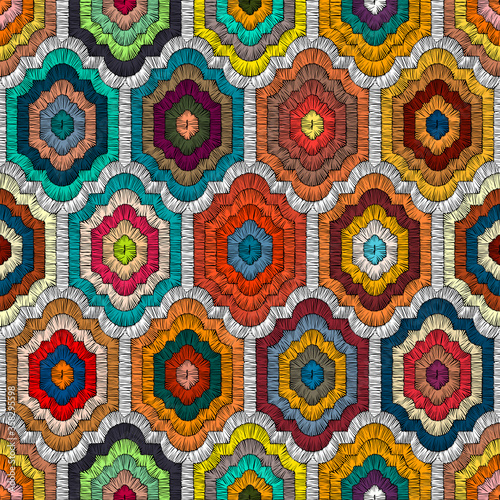 Seamless embroidered pattern in bohemian style. Geometric print patchwork for textiles. Handwork. Ethnic and tribal motifs. Vector illustration.