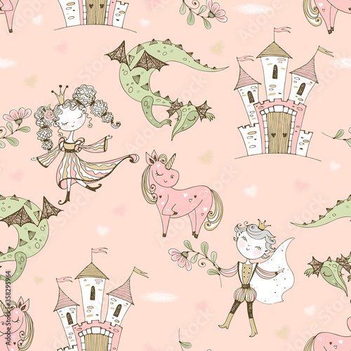 Seamless pattern fairyland with princesses and princes with dragons and castles. Vector