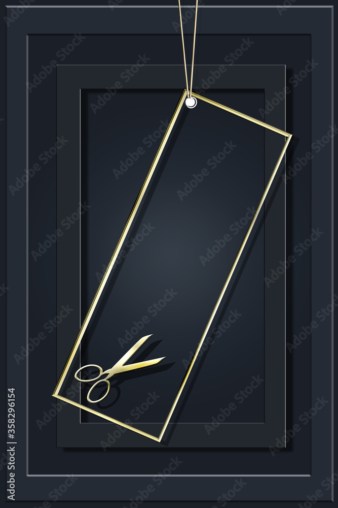 Luxury black frame background with professional hairdressing scissors in gold colour for advertising modern glamour hair salon. 3D illustration. Mock up, banner, card, copy space, opening massage