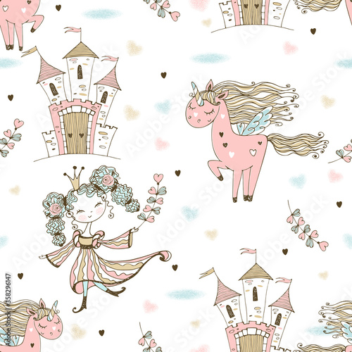 Seamless pattern on the theme of fairyland. The Princess and the unicorn. Vector