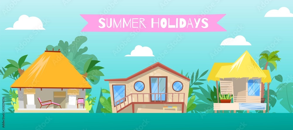 Summer holiday, at flat beach home vector illustration. Resort stilt house building background, cartoon bungalow cottage near sea. Hut at seaside landscape, vacation travel to ocean.