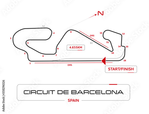 Barcelona formula 1 grand prix motor racing circuit in Catalunya, Spain minimal diagram with labels