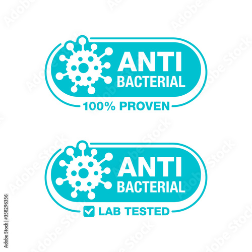 Antibacterial stamp - 100 percents proven and lab tested - vector isolated sign for antiseptic cosmetics and medical pharmaceutical products
