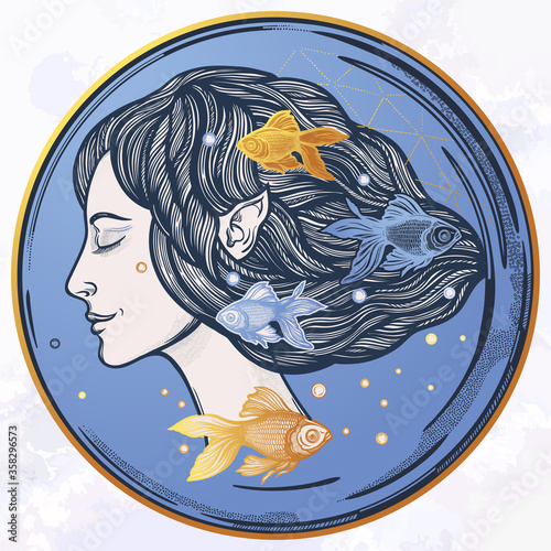 Portret of young fairy with gold fishes. Magic river nymph, mysterious character from mermaid tales. Isolated vector illustration.