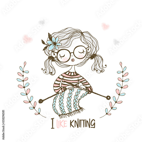 A cute girl knits a scarf on her knitting needles. Vector