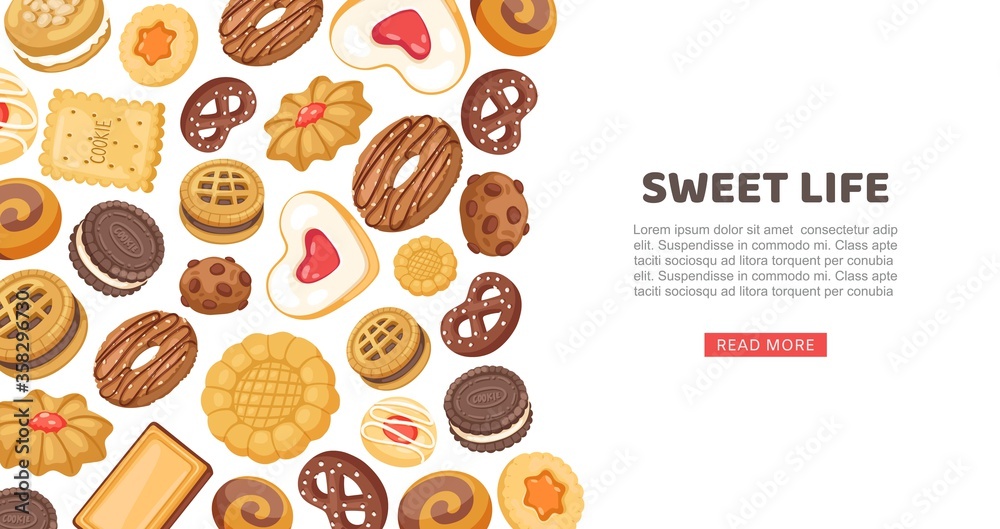Cake banner, sweet life vector illustration. Cookie, cupcake sweet food pastry, delicious design web page. Sugar dessert set, tasty bakery flour product, beautiful cafe cartoon advert. Cake banner, sweet life vector illustration. Cookie, cupcake sweet food pastry, delicious design web page. Sugar dessert set, tasty bakery flour product, beautiful cafe cartoon advert.