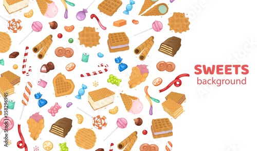 Dessert sweets candy background, vector illustration. Chocolate food with decoration, tasty colorful cake design, lollipop, cupcake and pastry. Sugar snack cafe shop cartoon wallpaper.