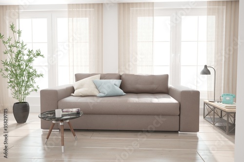 modern room with sofa,curtains,table,lamp and plant interior design. 3D illustration © ALIAKSANDR
