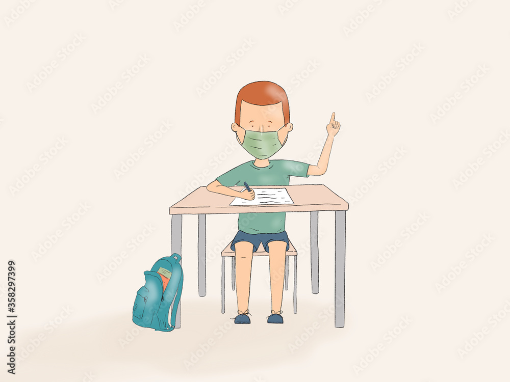Hand drawn illustration of a kid using face mask pointing up on a school desk Hand drawn illustration of a kid using face mask pointing up on a school desk