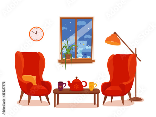 Colorful vector cozy interior illustration in cartoon flat style.