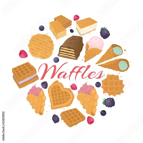 Waffle dessert food backgrond, vector illustration. Tasty lunch meal, wafer snack with cream at bakery, delicious breakfast. Sweet fresh belgian pastry, chocolate biscuit cartoon design.