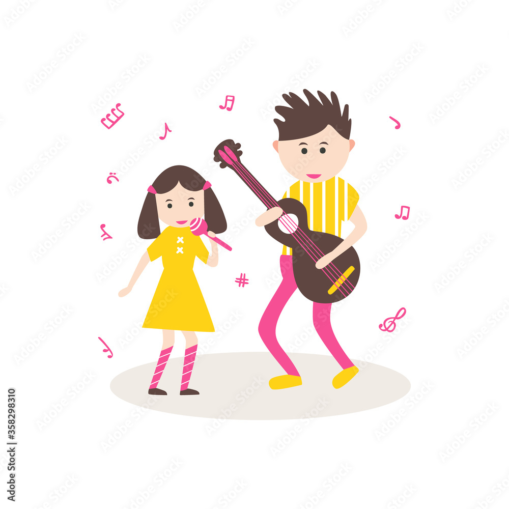 Kids singing and playing guitar. Children musical band. Cartoon vector illustration with musicians boy and girl Kids singing and playing guitar. Children musical band. Cartoon vector illustration with musicians boy and girl