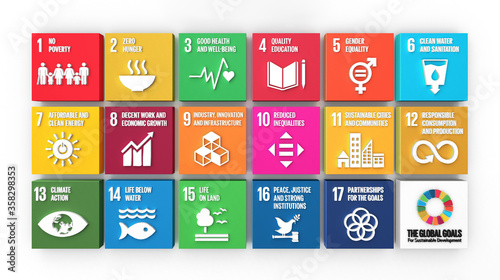 Sustainable Development Goals concept 3D icon set. SDG. 3D Rendered Illustration SDG Icons Symbols for Presentation Article, Website Report, Brochure, Poster for NGO or Social Movements. 2030. photo