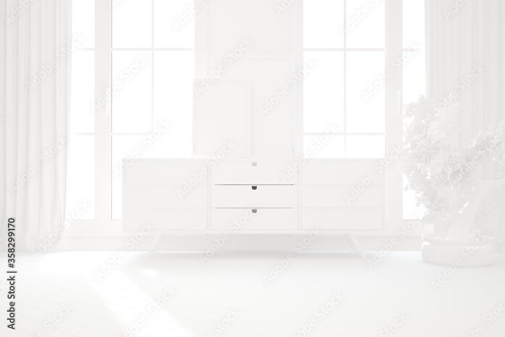 Fototapeta premium modern white room with cupboard,plants and curtains interior design. 3D illustration