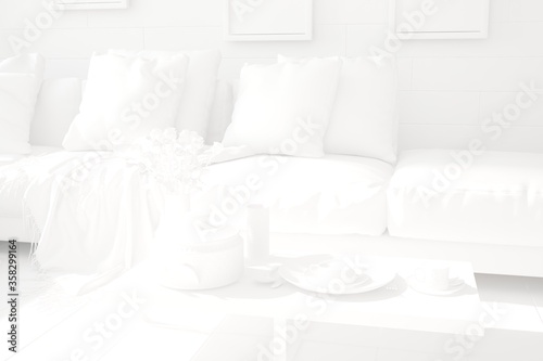 modern white mock up with sofa pillows plaid table cup plane and flowers interior design. 3D illustration