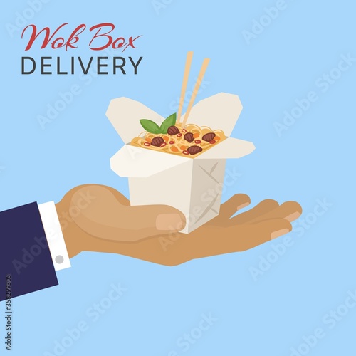 Food chinese wok box delivery, vector illustration. Container with asian fast food from restaurant, noodles cuisine lunch. Design fastfood with sticks, cafe takeaway meal in packaging.