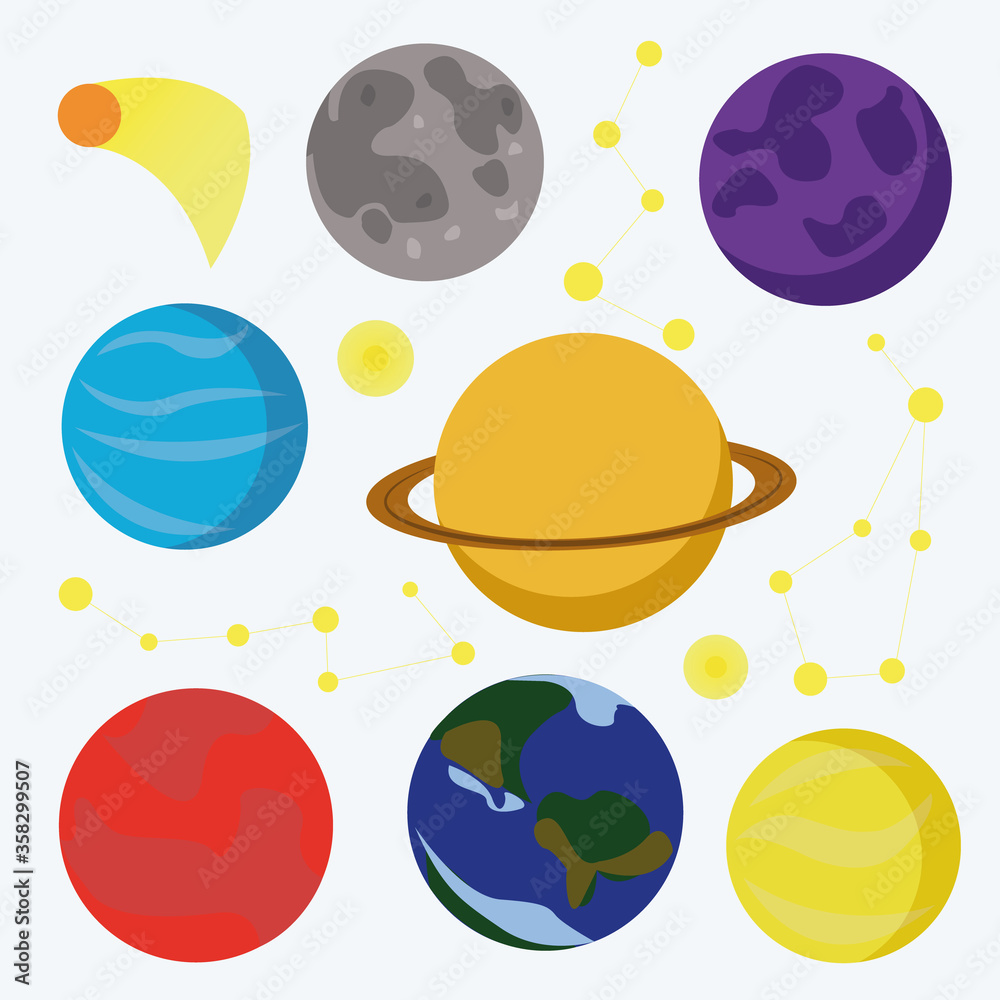 cosmic set of planets, stars, constellations and comets on a white background. A set of colored cartoon images of Mars, Saturn, earth, and other planets. For children's books, postcards, stickers