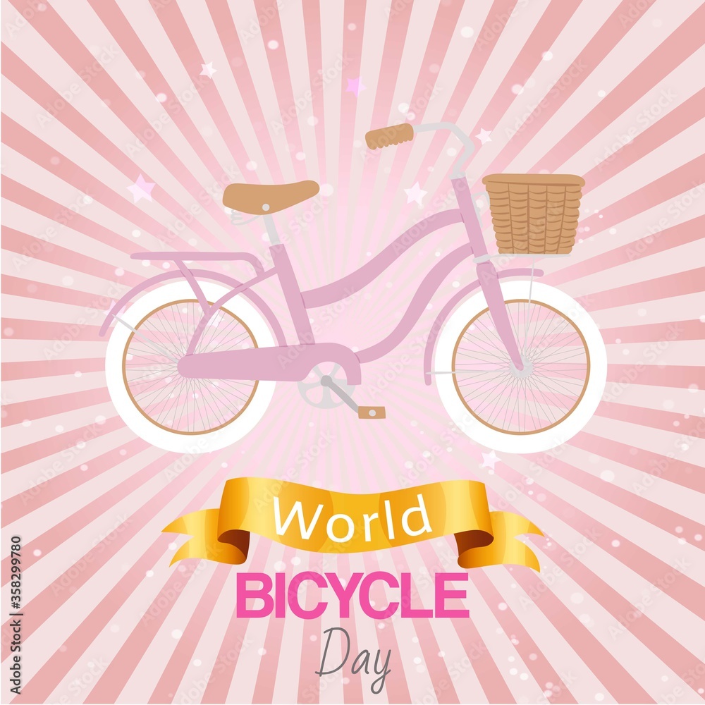 Bicycle world day poster at bright backgrond, vector illustration. Sport eco transportation, ride transport environment friendly banner. Celebration vehicle flat activity, healthy travel.