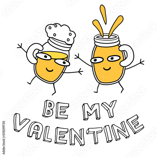 Be my Valentine. Smiling beer mugs in love that are looking at each other.
