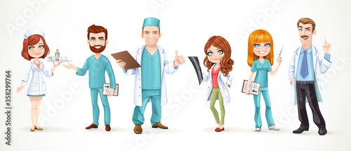 Large team of doctors in surgical suits and white coats isolated on white background. Doctor with a picture x-ray, a nurse with medicines, with a syringe, and with a history of the disease