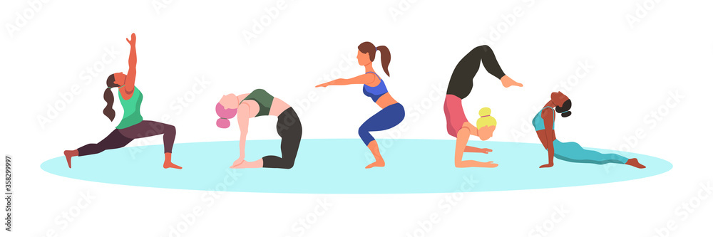 Set of characters - women doing yoga - flat vector illustration.