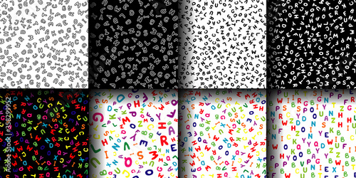 Set of seamless patterns of colorful and black and white English letters.Vector illustration.