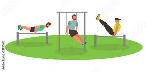 Men taking physical activity in outdoor park. Training, street workout, exercises. Active sports in a city park on the playground. Flat style vector illustration.