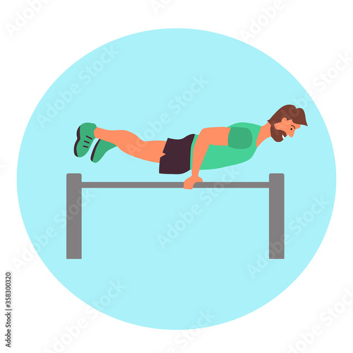 Man taking physical activity in outdoor park. Training, street workout, exercises. Active sports in a city park on the playground. Flat style vector illustration.