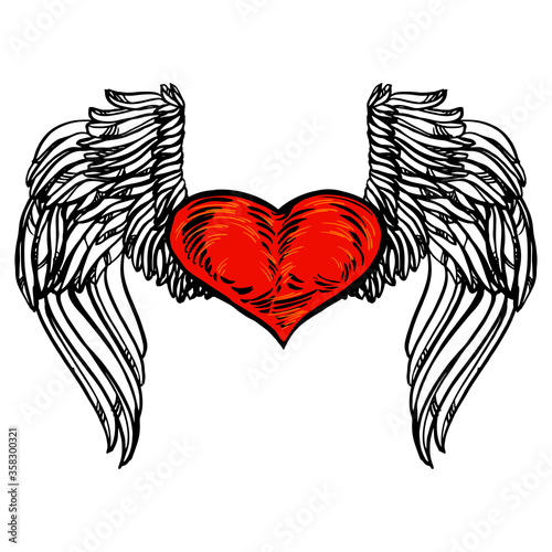 Graphic old school rockabilly tattoo style illustration of stylized flying heart with angel wings. Realistic detailed hand drawn art of love symbol.Design for t-shirt, clothes, card print.