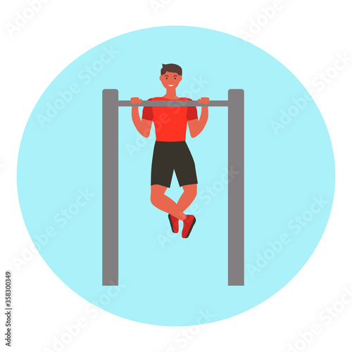 Man taking physical activity in outdoor park. Training, street workout, exercises. Active sports in a city park on the playground. Flat style vector illustration.