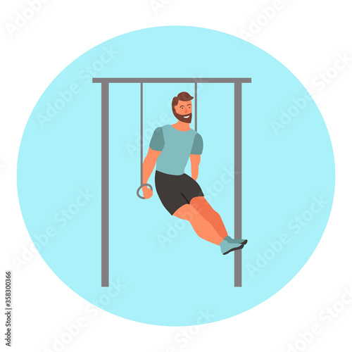 Man taking physical activity in outdoor park. Training, street workout, exercises. Active sports in a city park on the playground. Flat style vector illustration.