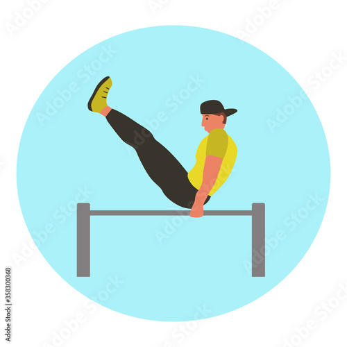 Man taking physical activity in outdoor park. Training, street workout, exercises. Active sports in a city park on the playground. Flat style vector illustration.