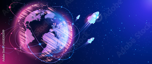Launcher Dragon crew starts from Cape Canaveral. Global World Wide Web. Planet Earth. Technologies and communications.Map of the planet. World map. Global social network. Future. Vector.