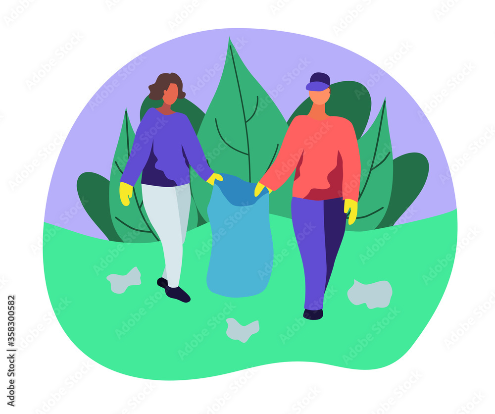 People Collecting Trash into Bags in forest. Pollution of forest with Different Kinds of Garbage. Volunteers Clean Up Wastes on forest edge. Ecology Protection Concept Cartoon Flat Vector Illustration