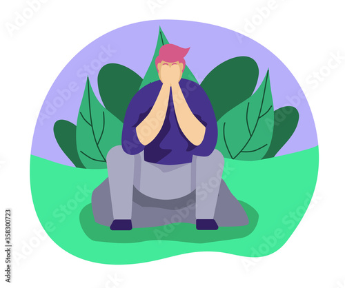 Sad young man sitting on a rock. A man crying. The frustrated boy covers his face with his handsn. Depression psychology concept. Flat character vector illustration. photo