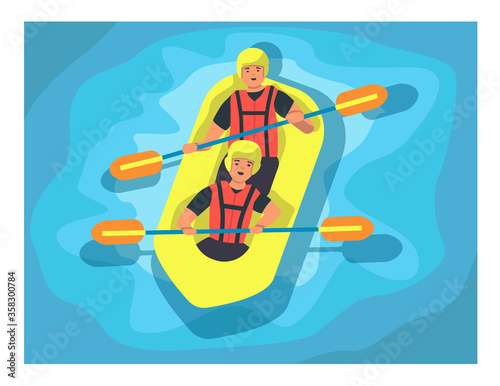 Rafting Adventure summer activitise. Flat illustration of rafting vector banner for web design